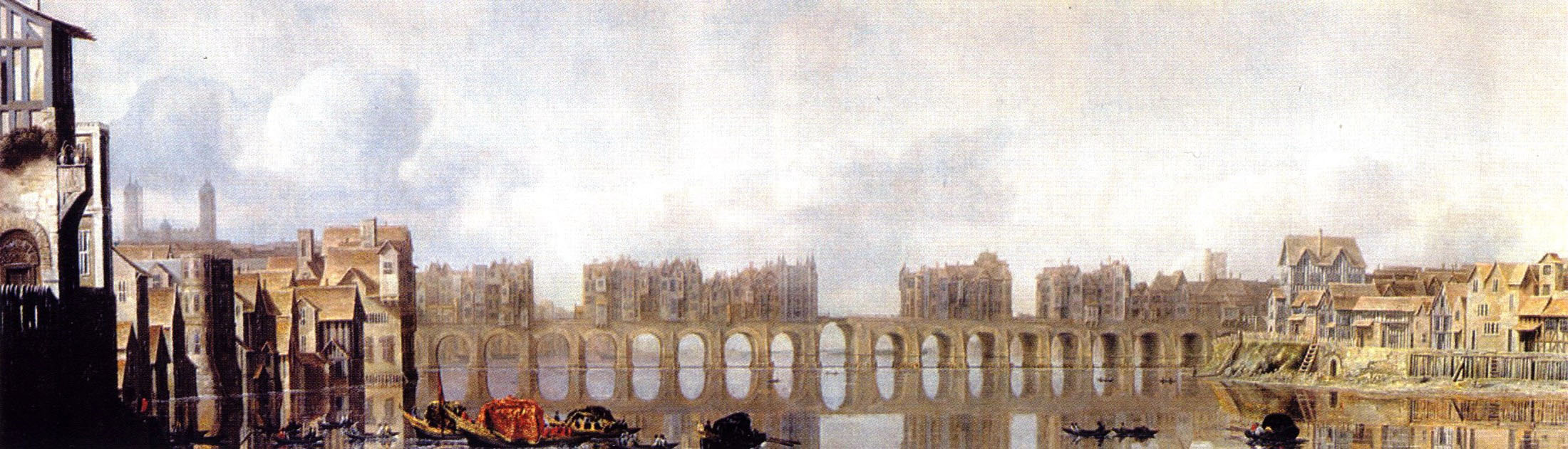 Неизвестный художник. "Старый Лондонский мост (вид до пожара 1666 года)". XVII век.