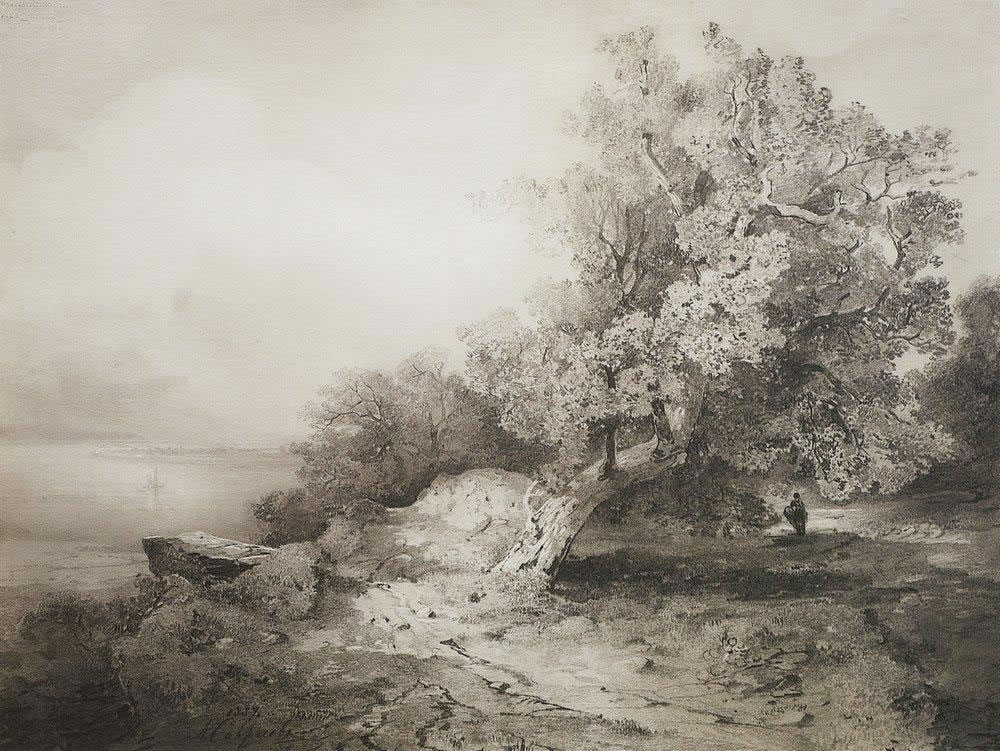 А. Саврасов. Старый дуб у обрыва над рекой. 1857.
