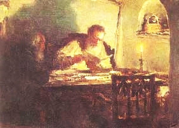 Леонид Осипович Пастернак. За чтением рукописи(Л. Н. Толстой и Н. Н. Ге в зале под сводами). 1893.