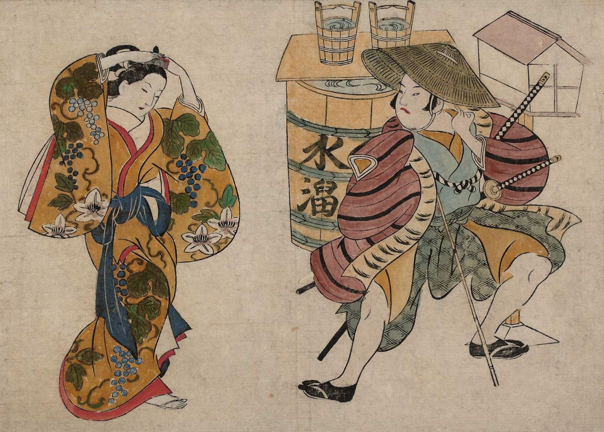 Окумура Масанобу. Молодой самурай смотрит, как ойран поправляет свои волосы на улице.