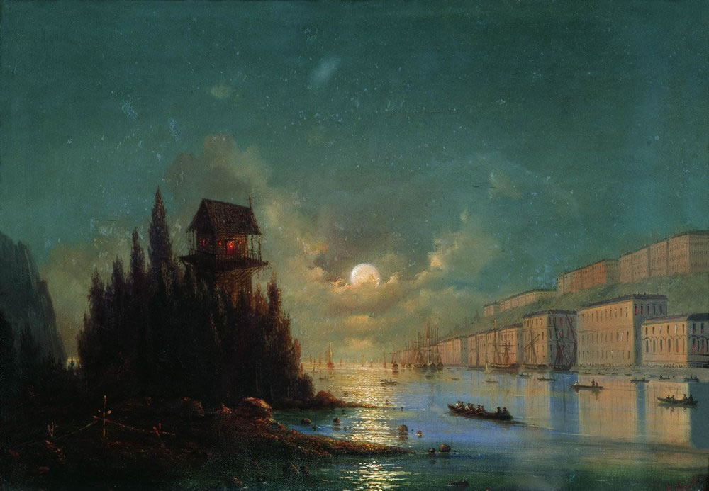 И. Айвазовский. Вид приморского города вечером с зажжённым маяком. 1870-е.