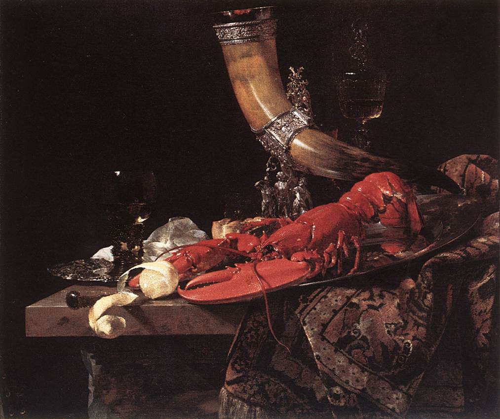 Виллем Кальф. Натюрморт с рогом, раком и стаканами. Около 1653.                                     .