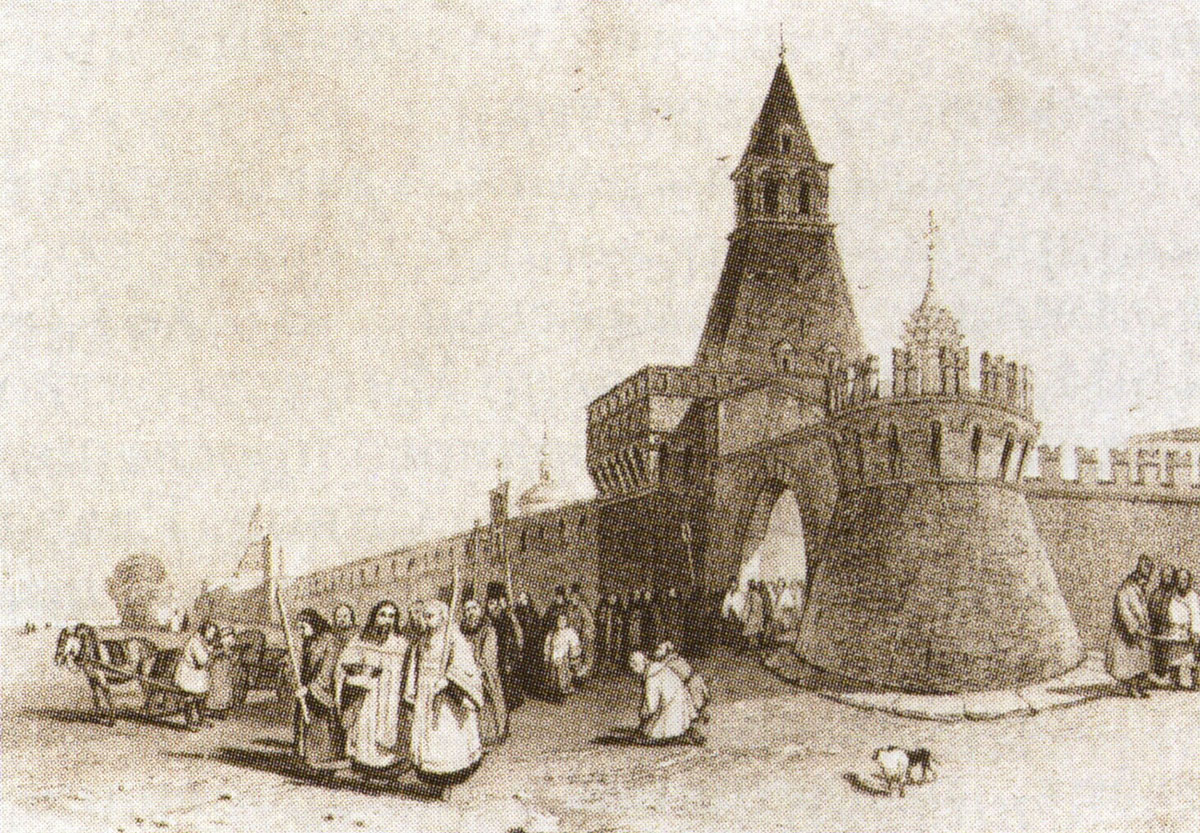 Крестный ход у Никольских ворот Китай-города в Москве. Гравюра по рисунку А. Викерса. 1835-1837.