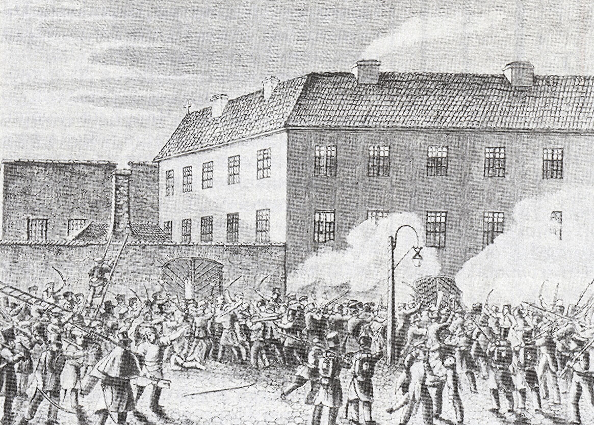 Ф. Дитрих. "Взятие восставшими тюрмы в Варшаве в 1830 году". 1830-е.