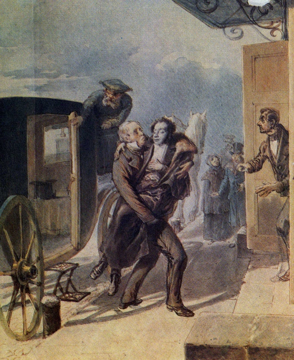 Пётр Фёдорович Борель. "Возвращение Пушкина с дуэли". 1885.