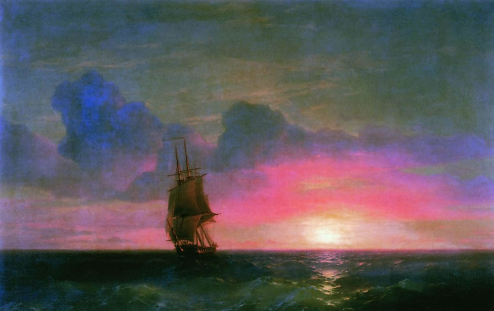 Иван Айвазовский. Закат солнца. Одинокий парусник. 1853.