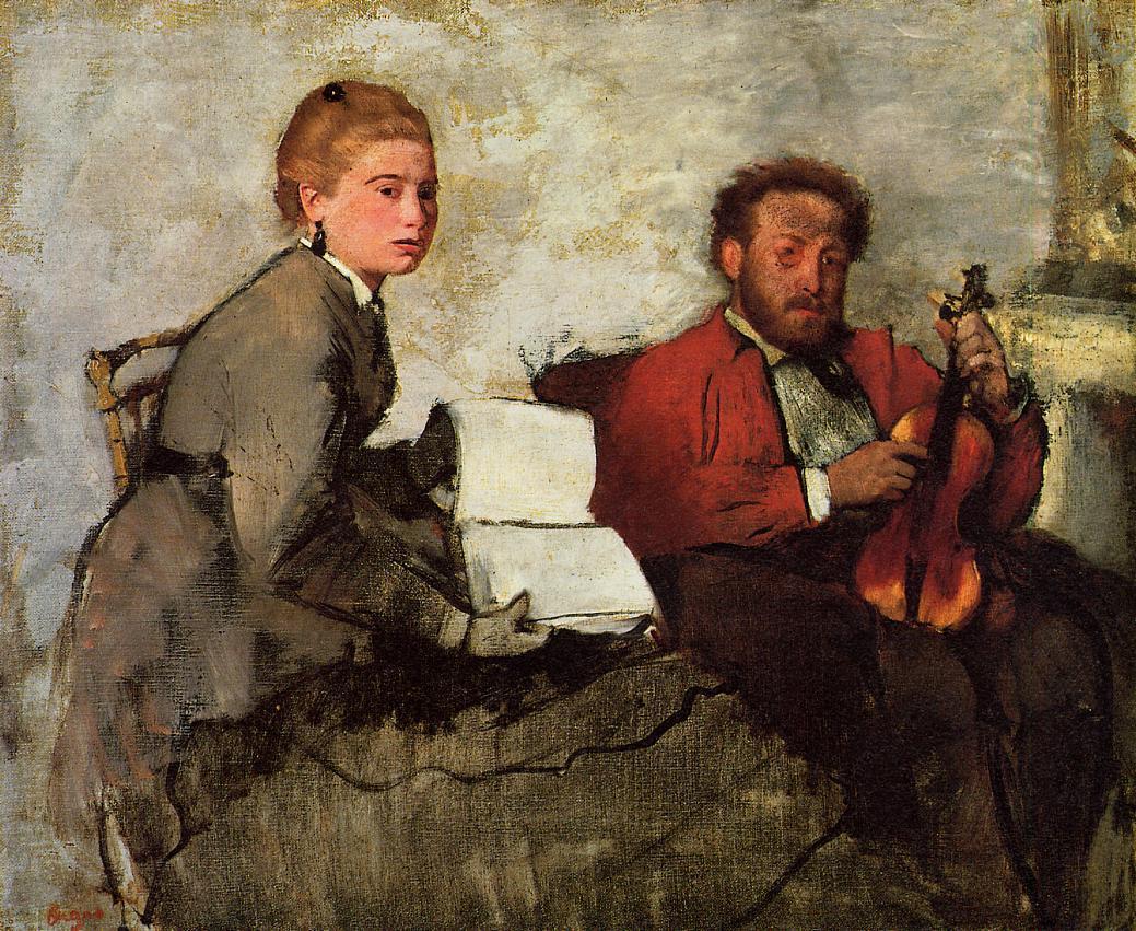 Эдгар Дега. "Молодая женщина, держащая нотную тетрадь и скрипач". Около 1872.