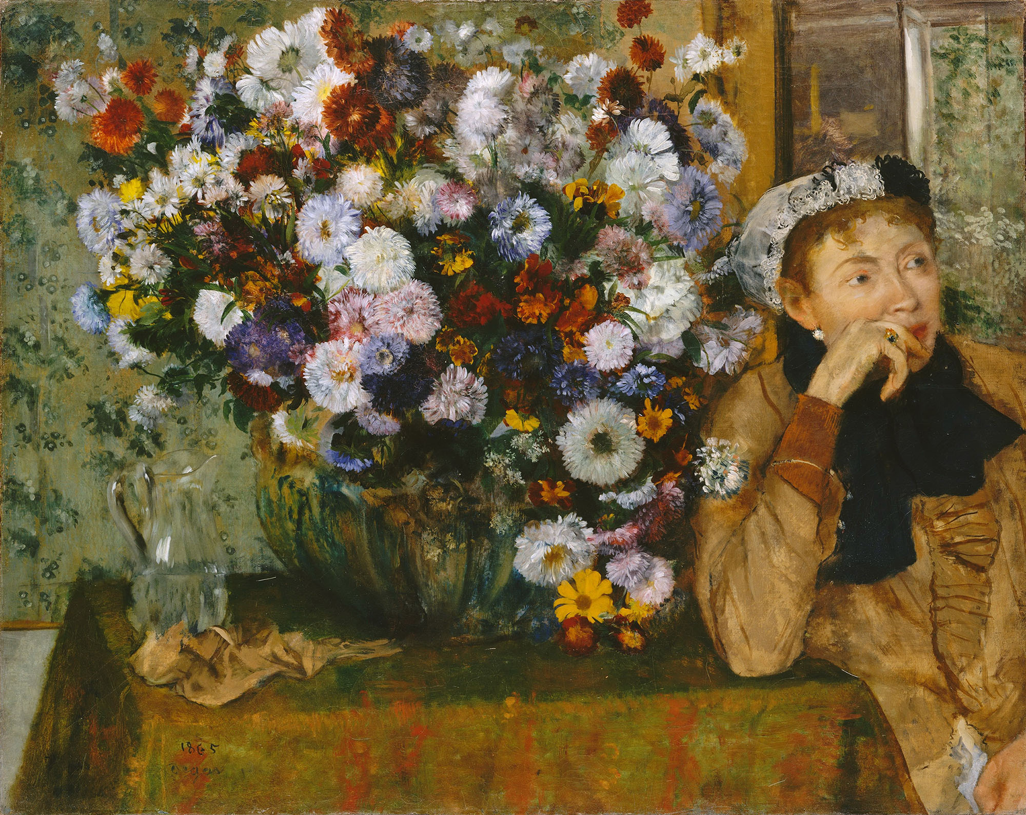 Эдгар Дега. "Женщина, сидящая рядом с вазой с хризантемами". 1865.