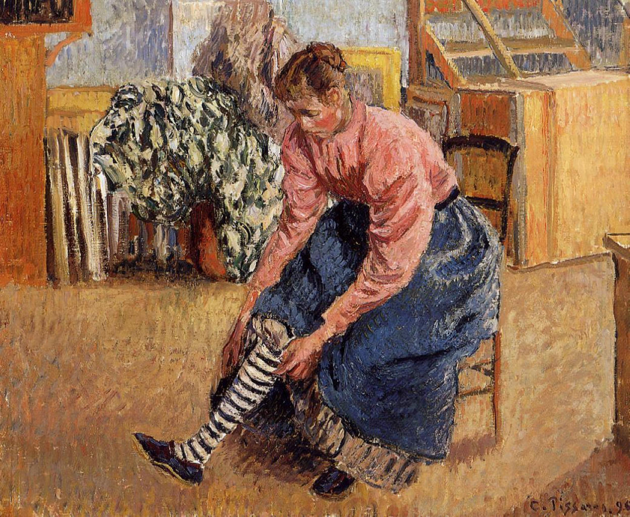 Камиль Писсарро. "Женщина, надевающая чулки". 1895.