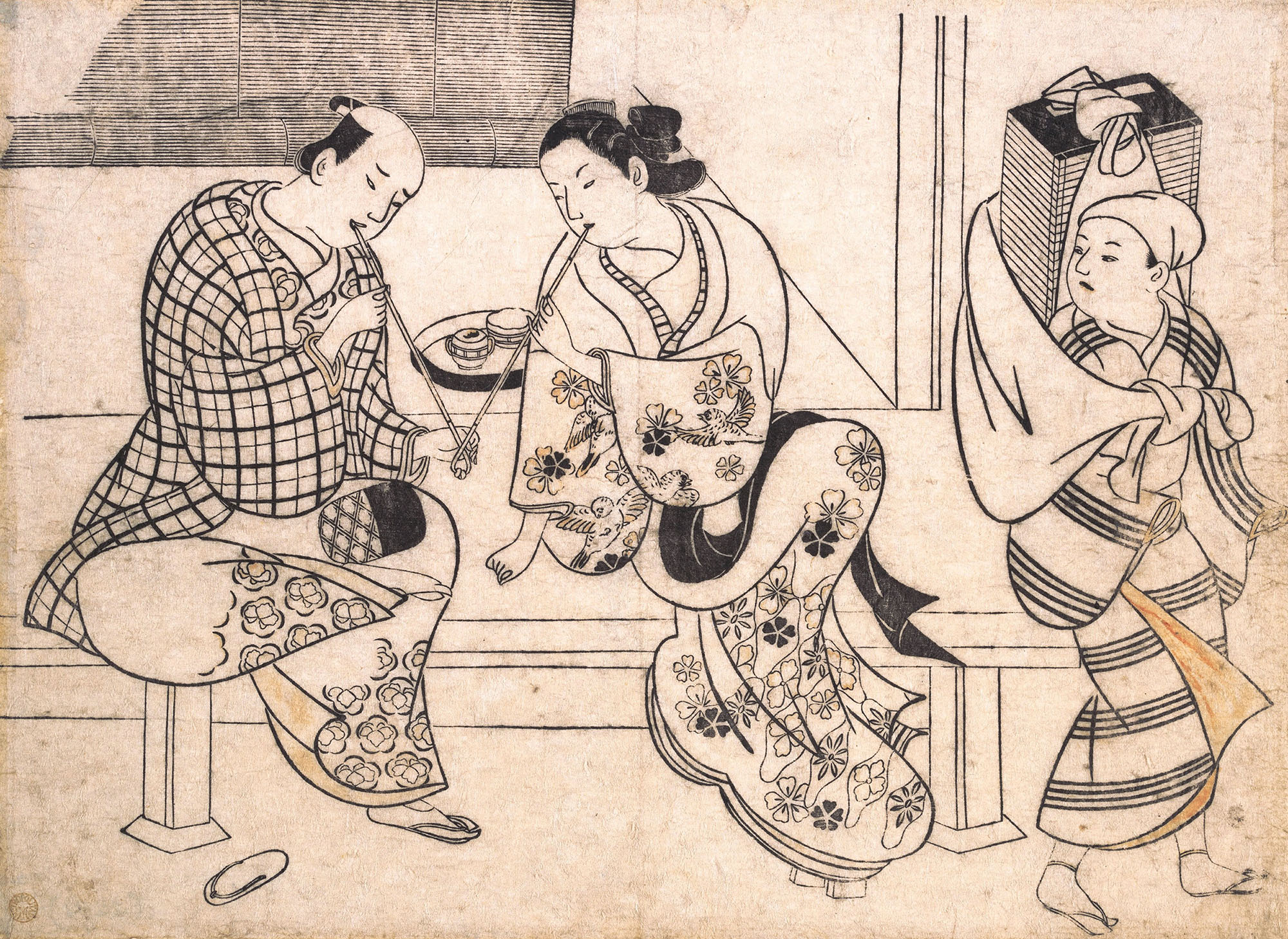 Окумура Масанобу. "Мужчина прикуривает трубку от сидящей рядом с ним женщины".