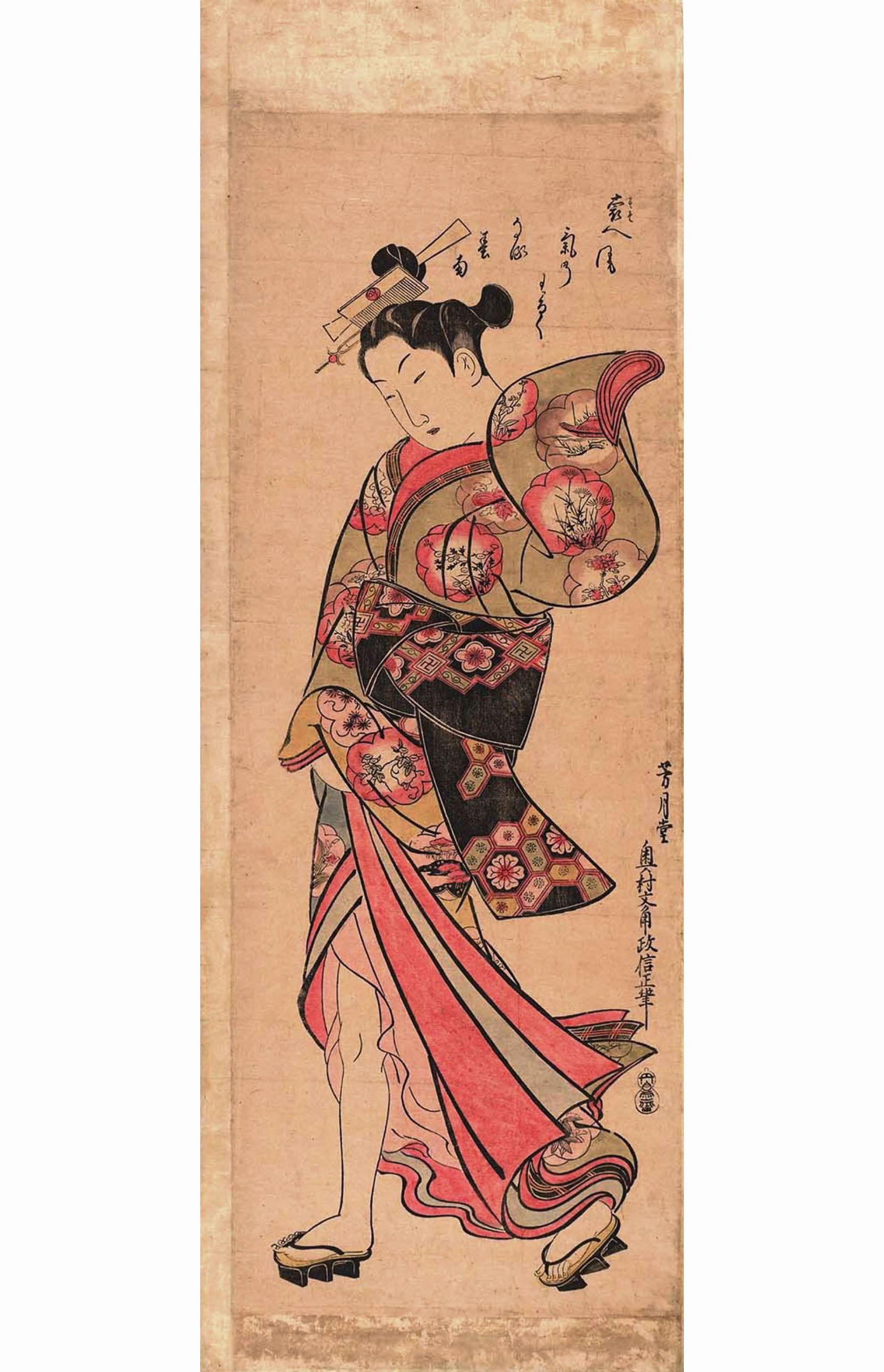 Окумура Масанобу. "Молодая женщина идёт против ветра". 1740-е.