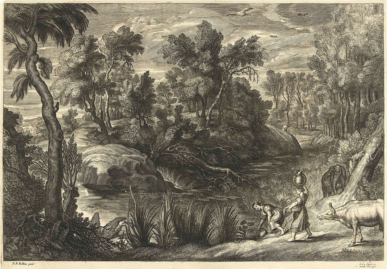 Гравёр - Шелте Адамс Болсверт. Живописный оригинал - Питер Пауль Рубенс. "Пейзаж с женщинами, берущими воду". Около 1638.