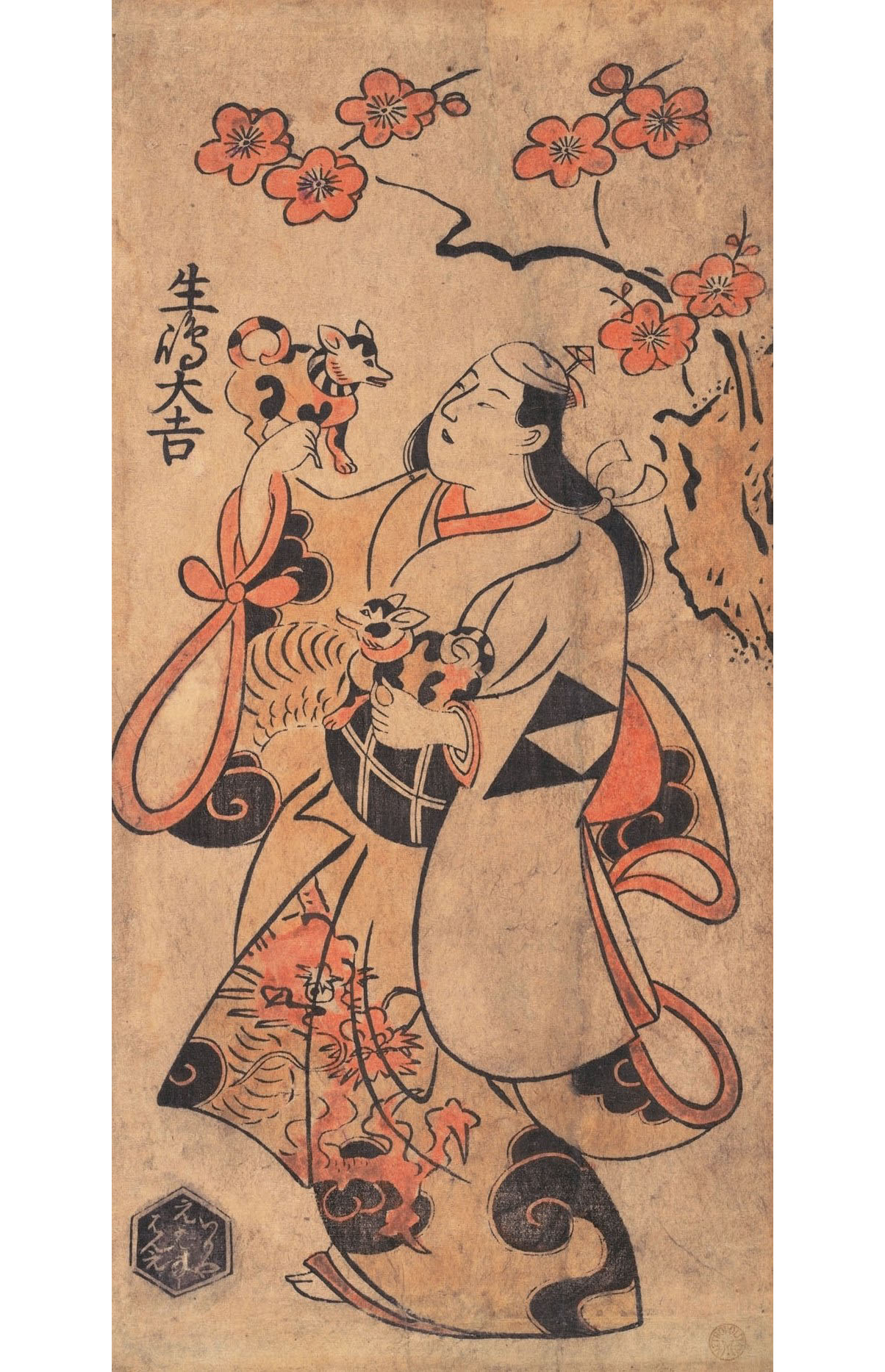 Тории Киёнобу I. "Актёр Икушима Дайкити в роли женщины под деревом умэ". Около 1705.