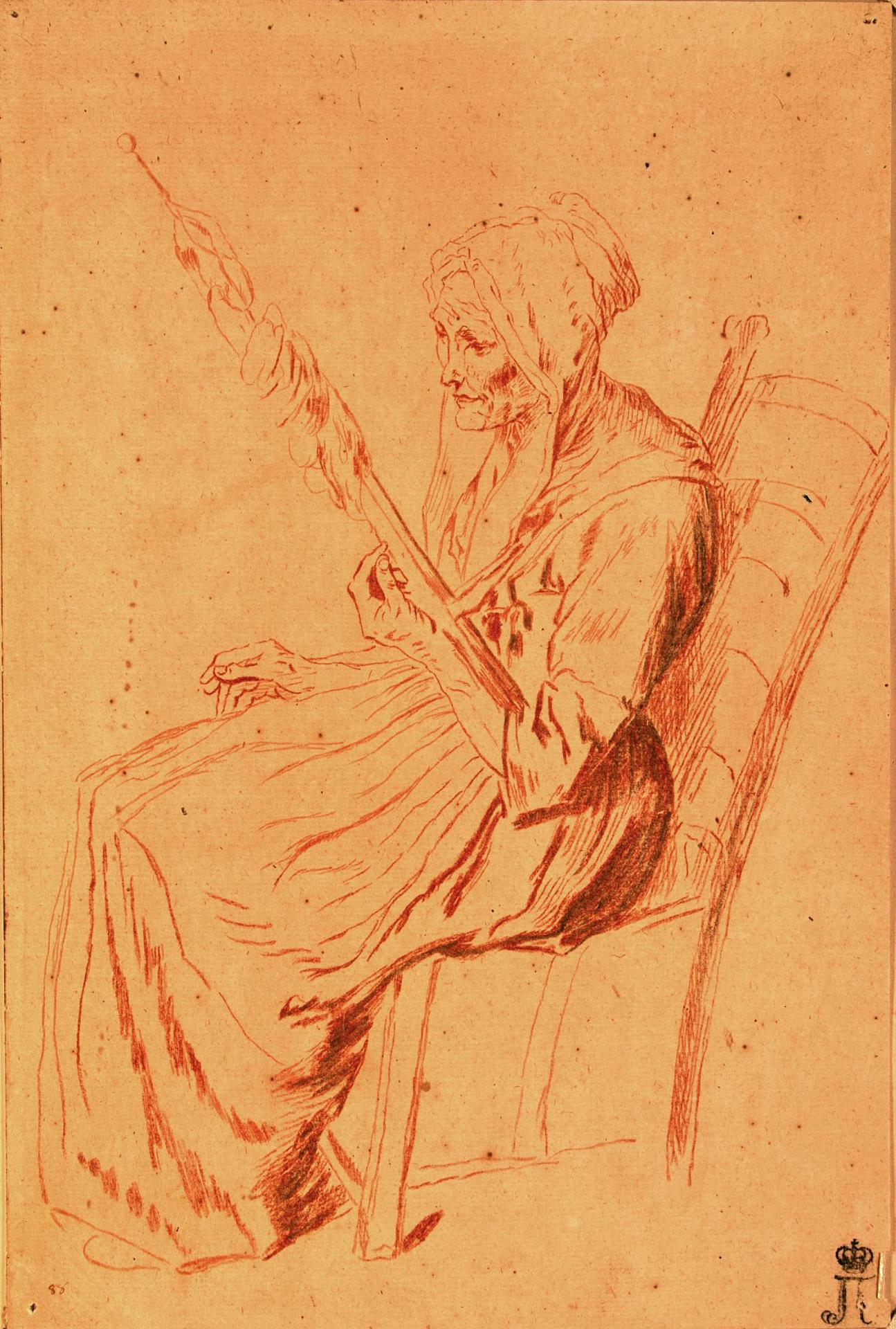 Антуан Ватто. "Старая женщина с прялкой". 1710-е.